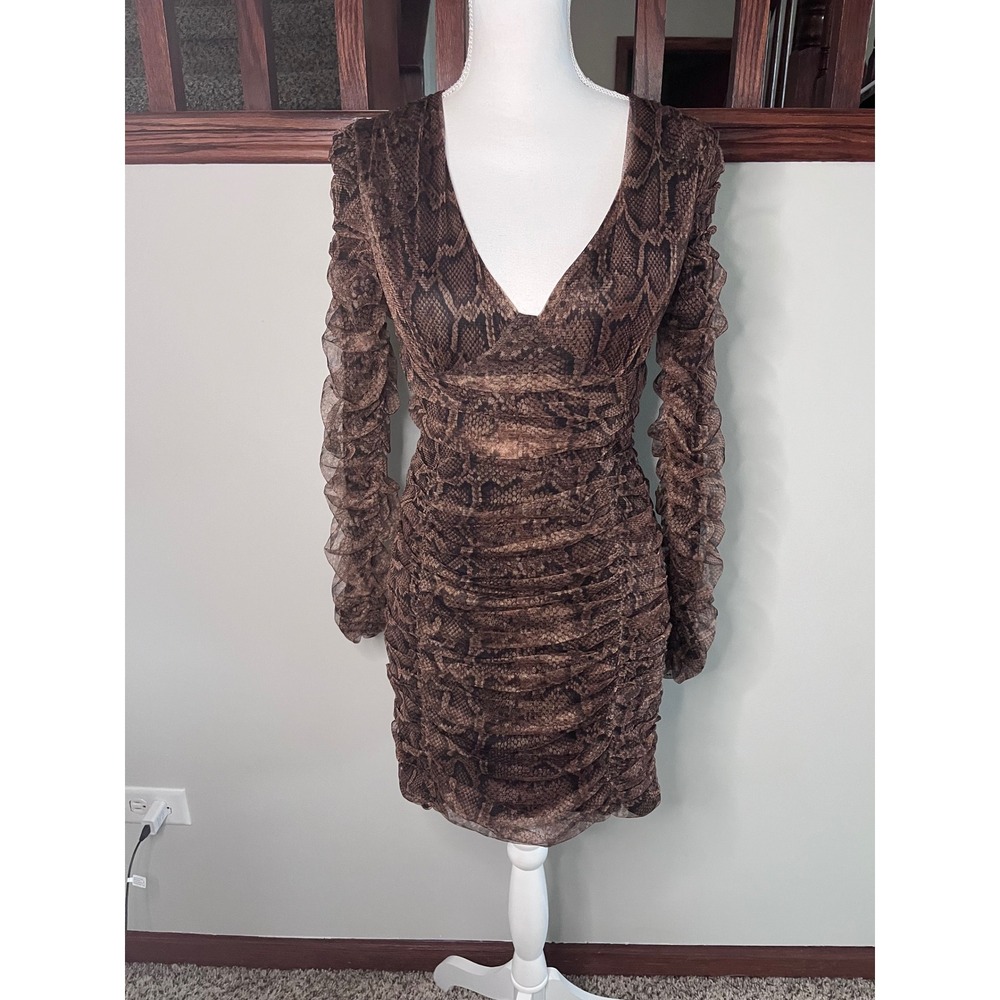 Zara Women Brown Snake Print Ruched Mesh Mini Dress Long Sleeve V-Neck Size M